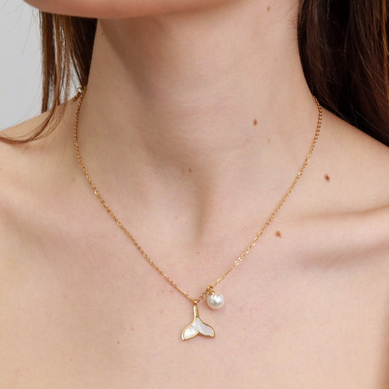Batan | Mother of Pearl Whale Tail & Freshwater Gold Plated Pendant Neckalce - Boheme Life Collection